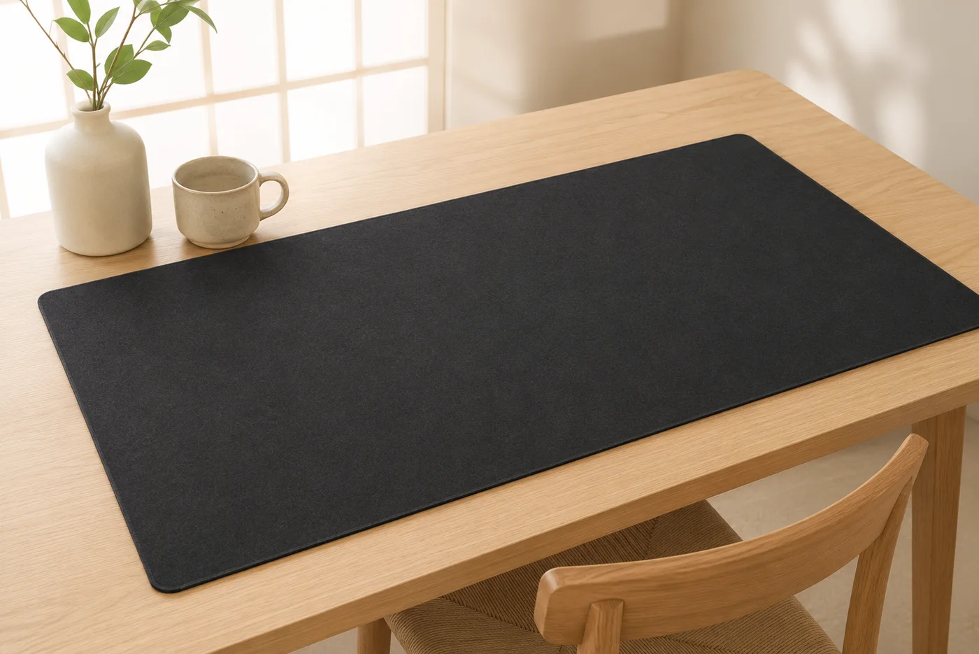 Plain black XXL desk mat unrolled on a light oak desk next to a ceramic mug and a white vase holding green leaves