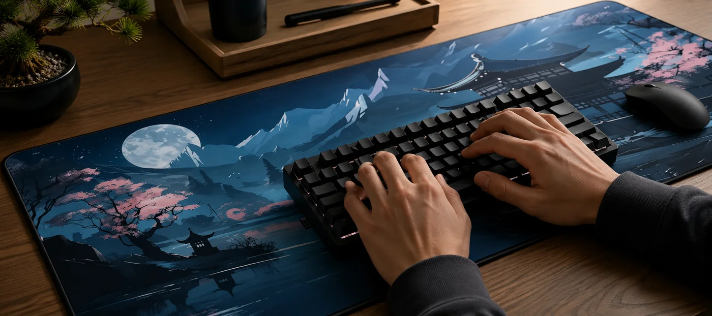 Hands typing on a black mechanical keyboard sitting on a deep blue Deskaru XXL desk mat printed with a full moon, cherry blossoms and a pagoda, mouse on the right