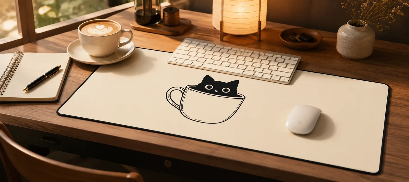 Cream desk mat printed with a line-drawn cup and a black cat peeking out of it, a white keyboard and mouse on top, on a wooden desk with a latte, a notebook and a paper lantern